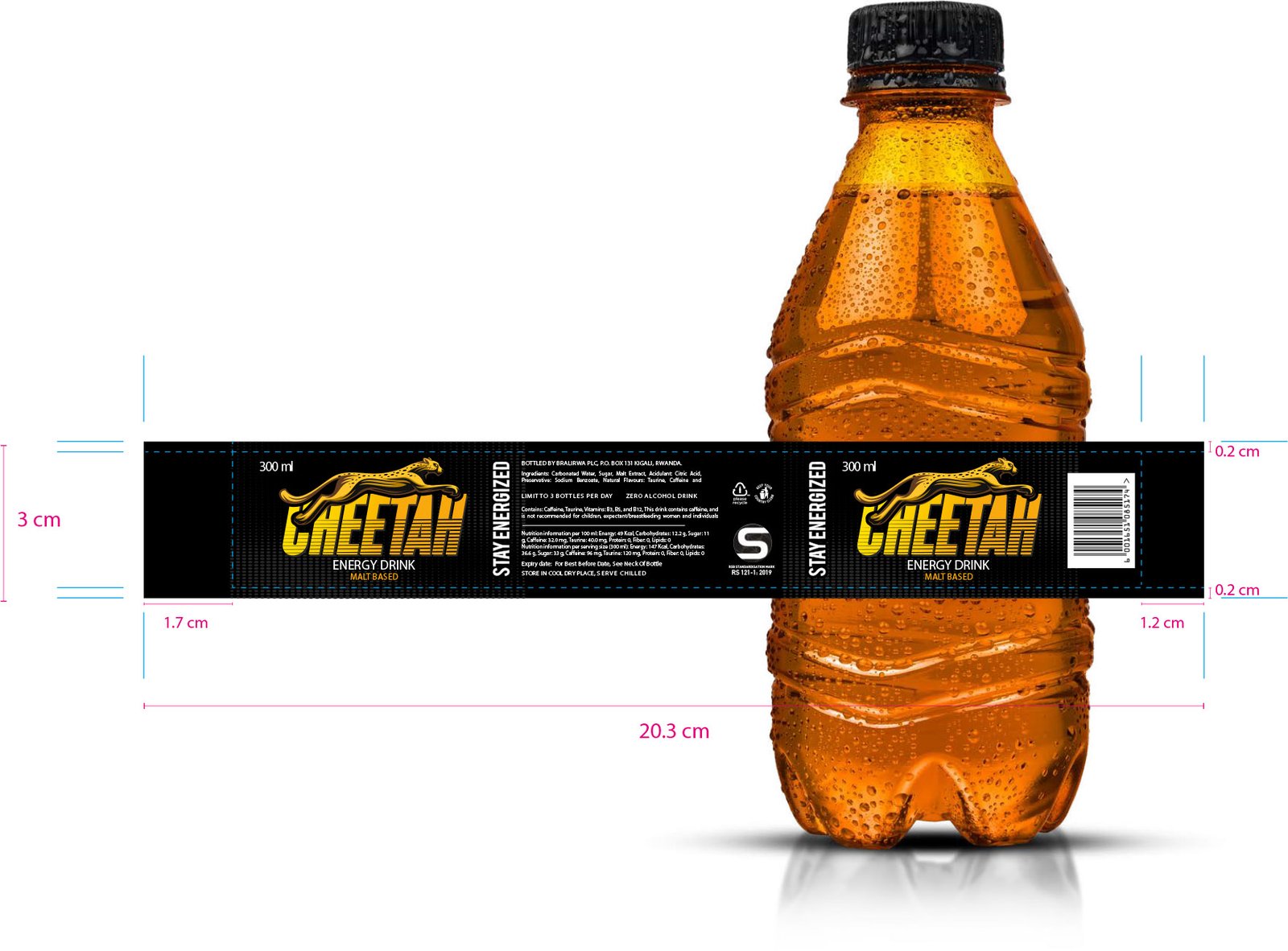 cheetah energy drink label oen layout with specifications