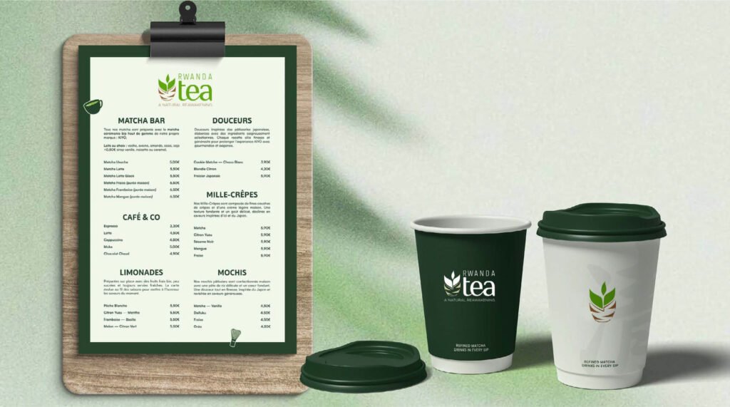 rwanda tea menu board and paper mug mock ups